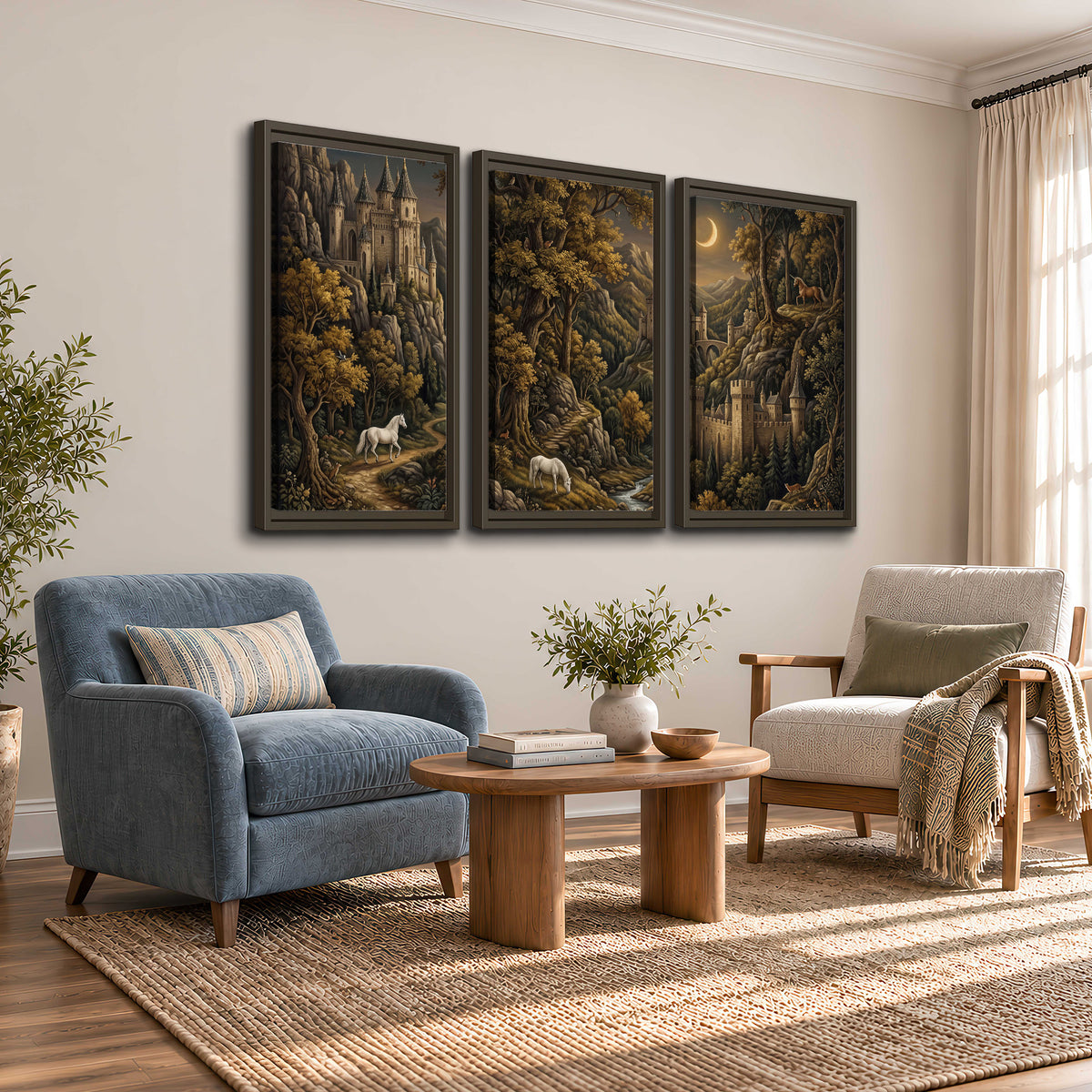 Fantasy castles, white horses and golden trees beneath a crescent moon 3 piece framed canvas wall art styled in an interior