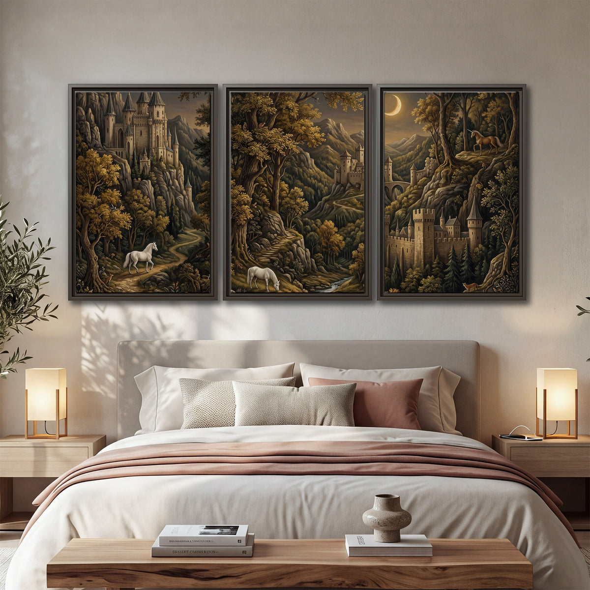 Fantasy castles, white horses and golden trees beneath a crescent moon 3 piece framed canvas wall art displayed in a bedroom