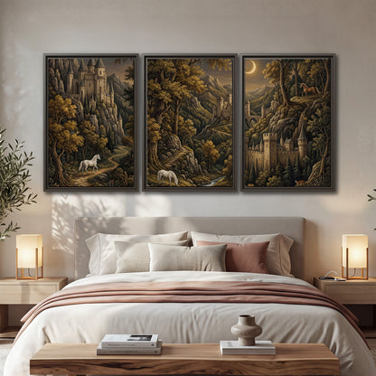 Fantasy castles, white horses and golden trees beneath a crescent moon 3 piece framed canvas wall art displayed in a bedroom