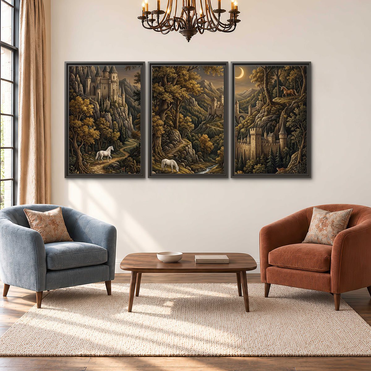 Fantasy castles, white horses and golden trees beneath a crescent moon 3 piece framed canvas wall art styled in an interior