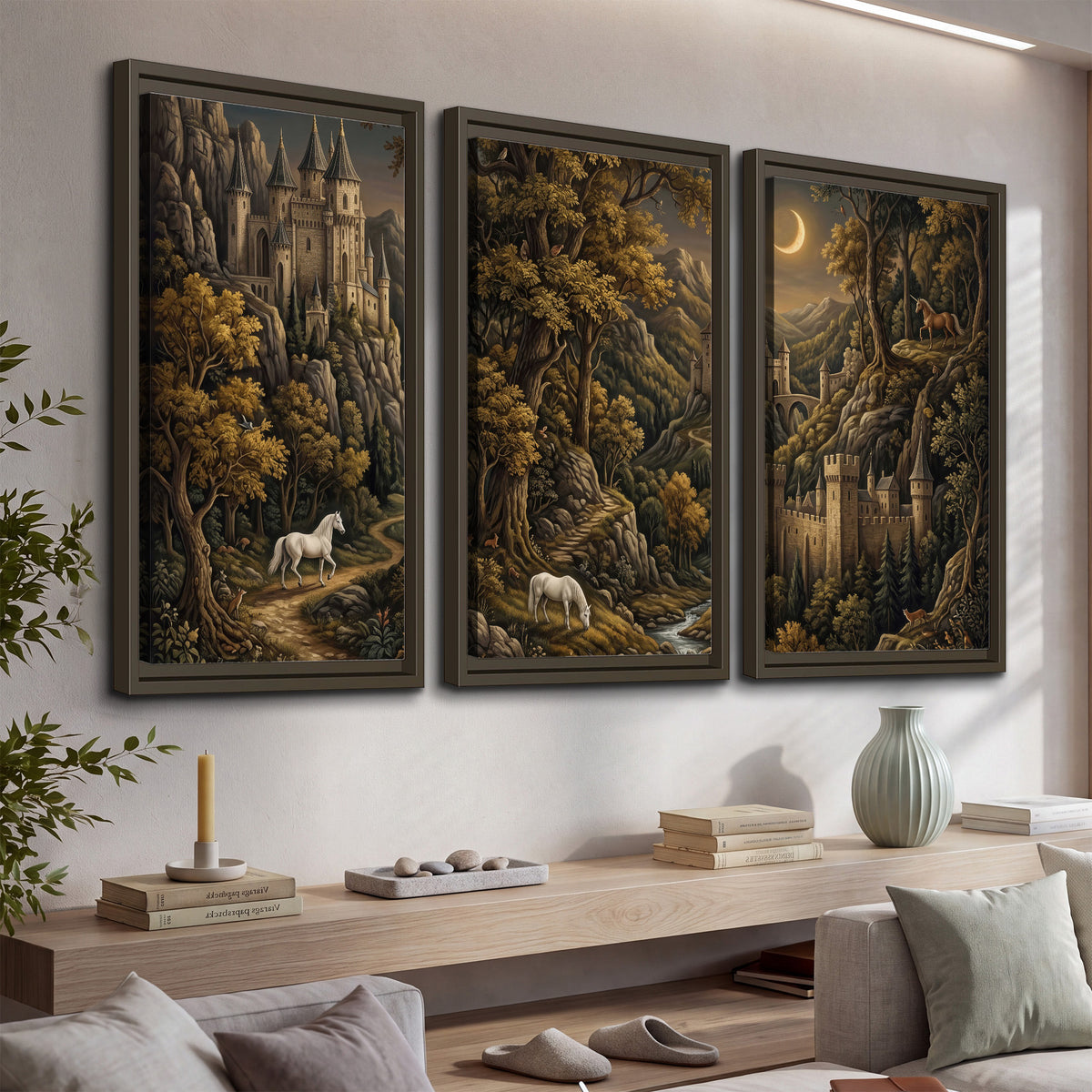 Fantasy castles, white horses and golden trees beneath a crescent moon 3 piece framed canvas wall art displayed in a console