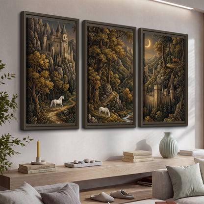 Fantasy castles, white horses and golden trees beneath a crescent moon 3 piece framed canvas wall art displayed in a console