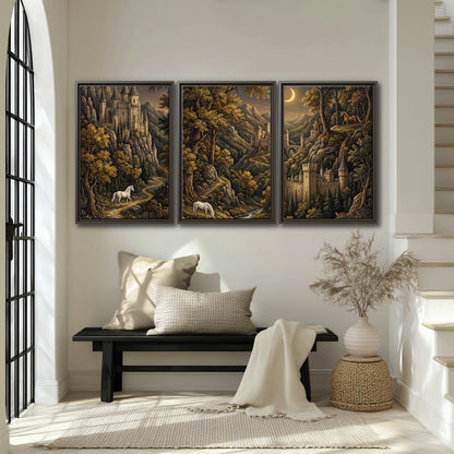 Fantasy castles, white horses and golden trees beneath a crescent moon 3 piece framed canvas wall art displayed in a entryway