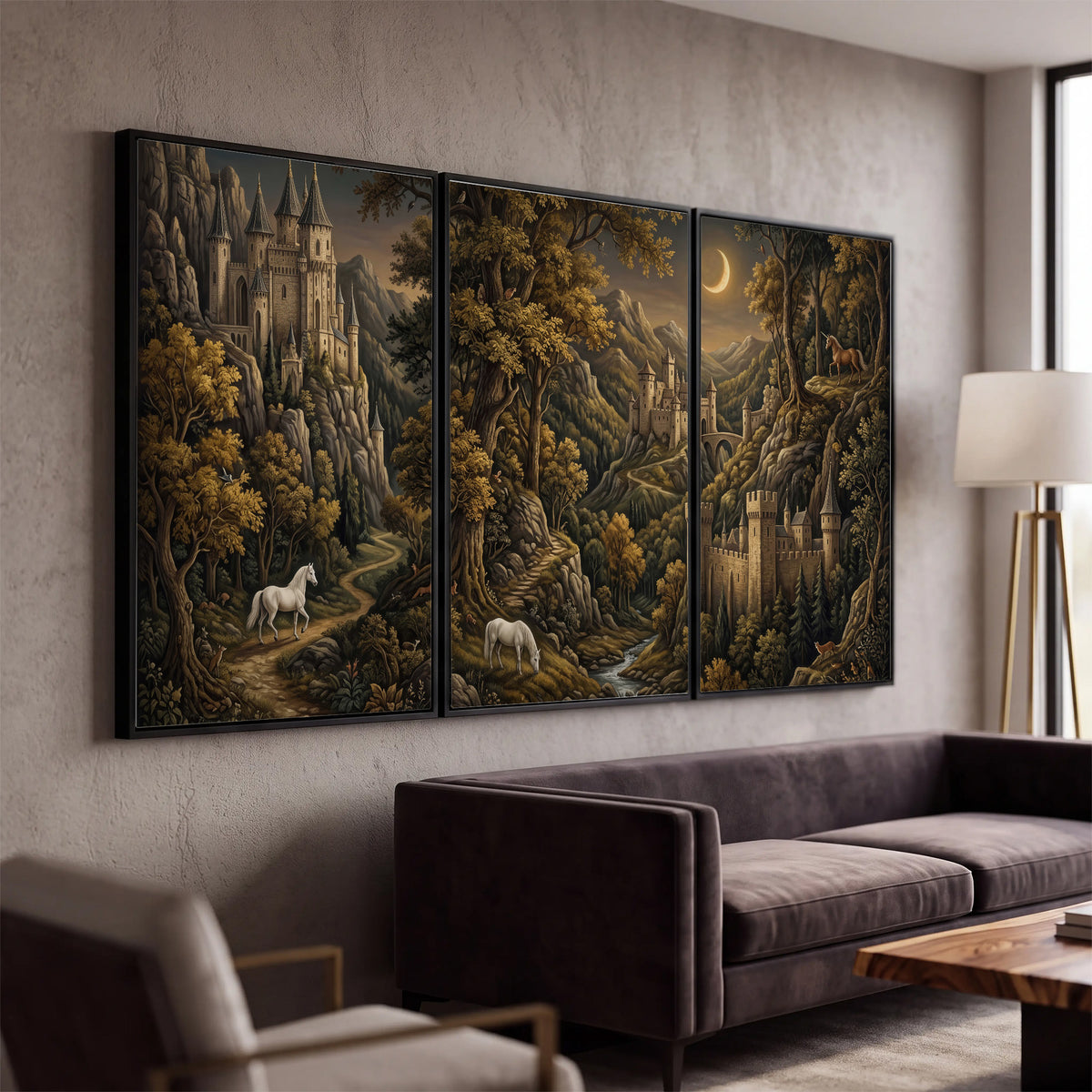 Fantasy castles, white horses and golden trees beneath a crescent moon 3 piece framed canvas wall art displayed in a modern living room
