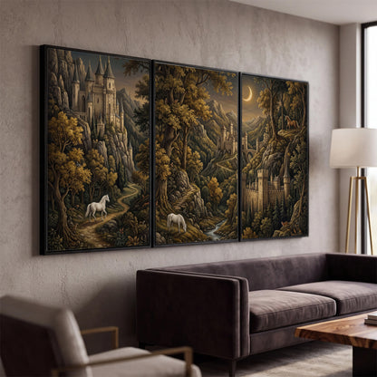 Fantasy castles, white horses and golden trees beneath a crescent moon 3 piece framed canvas wall art displayed in a modern living room