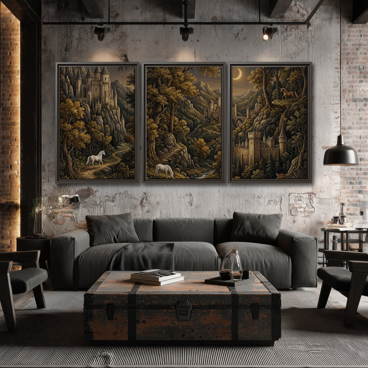 Fantasy castles, white horses and golden trees beneath a crescent moon 3 piece framed canvas wall art displayed in a industrial room