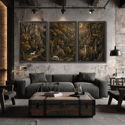 Fantasy castles, white horses and golden trees beneath a crescent moon 3 piece framed canvas wall art displayed in a industrial room