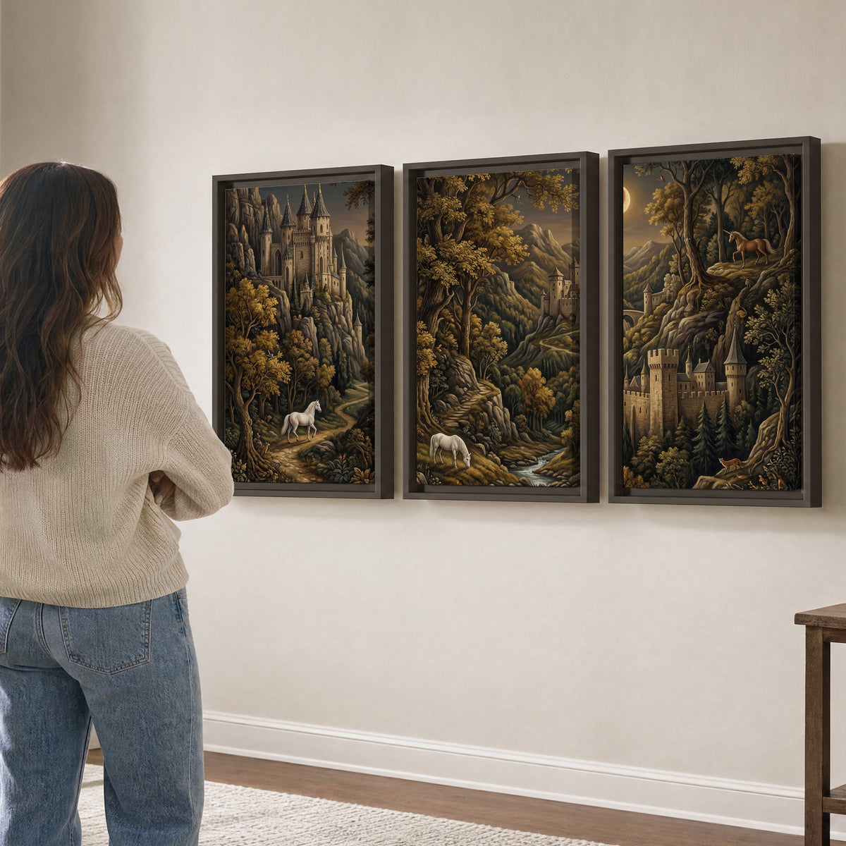 Fantasy castles, white horses and golden trees beneath a crescent moon 3 piece framed canvas wall art three panel arrangement on a wall