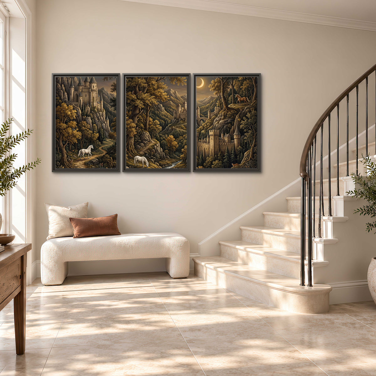 Fantasy castles, white horses and golden trees beneath a crescent moon 3 piece framed canvas wall art styled in an interior