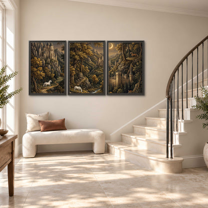 Fantasy castles, white horses and golden trees beneath a crescent moon 3 piece framed canvas wall art styled in an interior