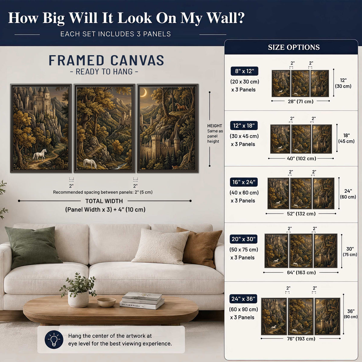 Fantasy castles, white horses and golden trees beneath a crescent moon 3 piece framed canvas wall art size guide above a sofa; room view is illustrative