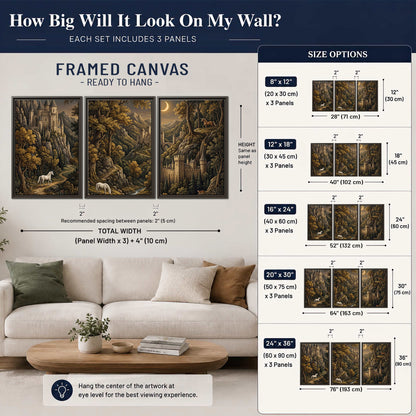 Fantasy castles, white horses and golden trees beneath a crescent moon 3 piece framed canvas wall art size guide above a sofa; room view is illustrative