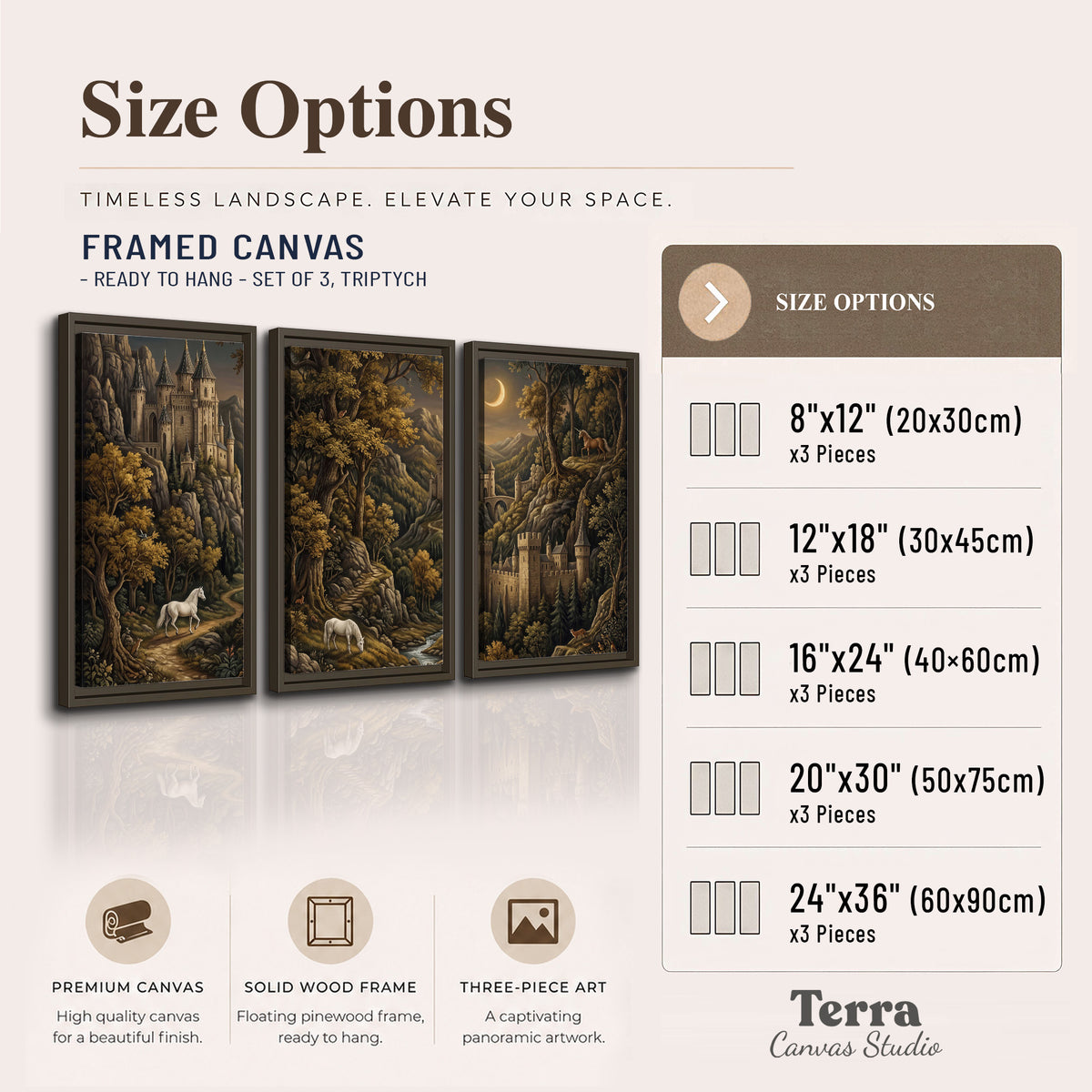 Fantasy castles, white horses and golden trees beneath a crescent moon 3 piece framed canvas wall art available dimensions; triptych dimensions are per panel
