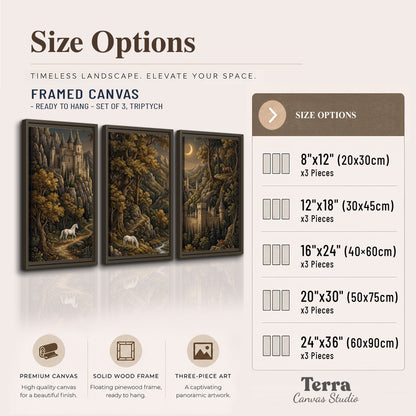 Fantasy castles, white horses and golden trees beneath a crescent moon 3 piece framed canvas wall art available dimensions; triptych dimensions are per panel