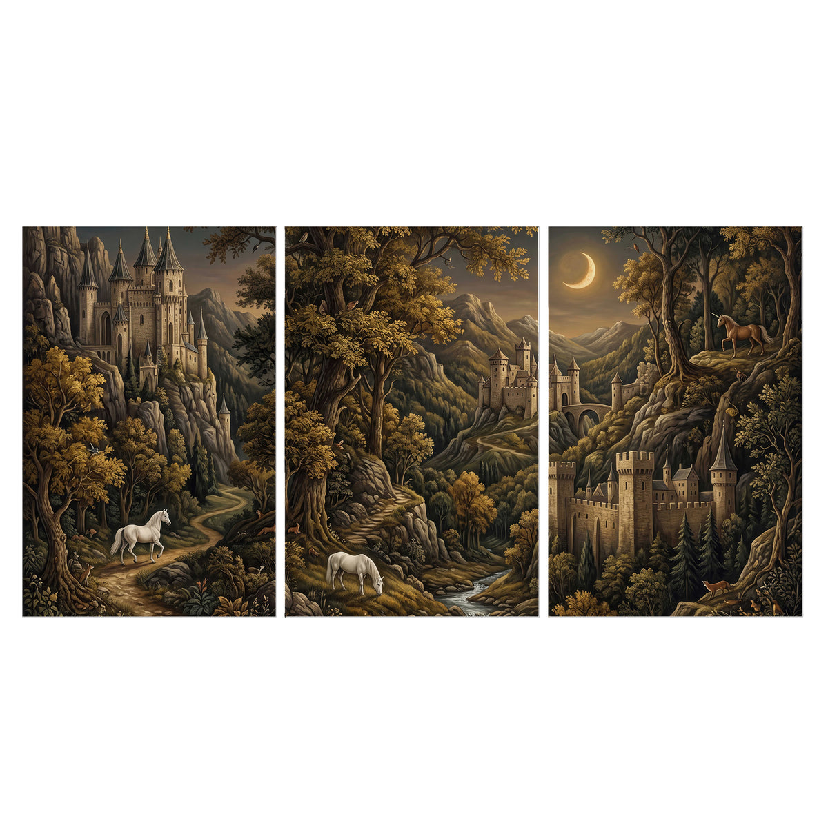 Fantasy castles, white horses and golden trees beneath a crescent moon set of 3 poster prints viewed straight on