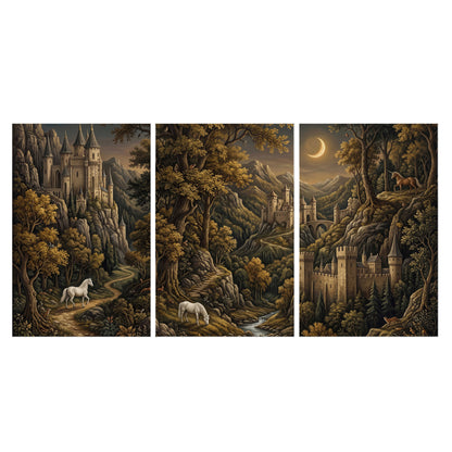 Fantasy castles, white horses and golden trees beneath a crescent moon set of 3 poster prints viewed straight on