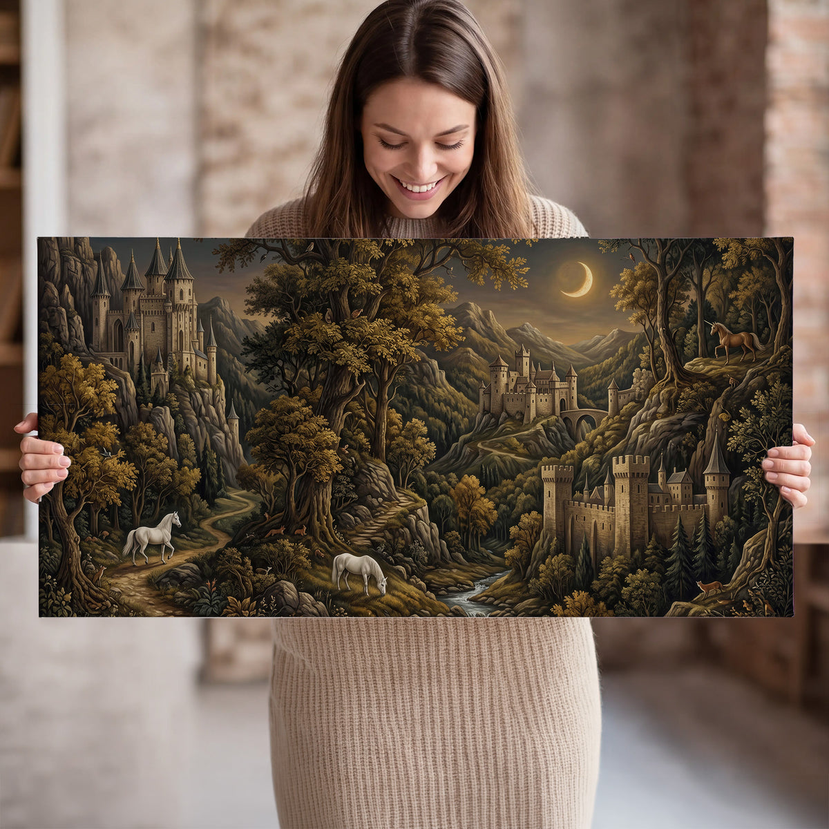 Fantasy castles, white horses and golden trees beneath a crescent moon single canvas wall art held in hands