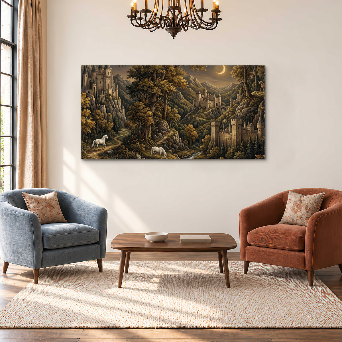 Fantasy castles, white horses and golden trees beneath a crescent moon single canvas wall art styled in an interior