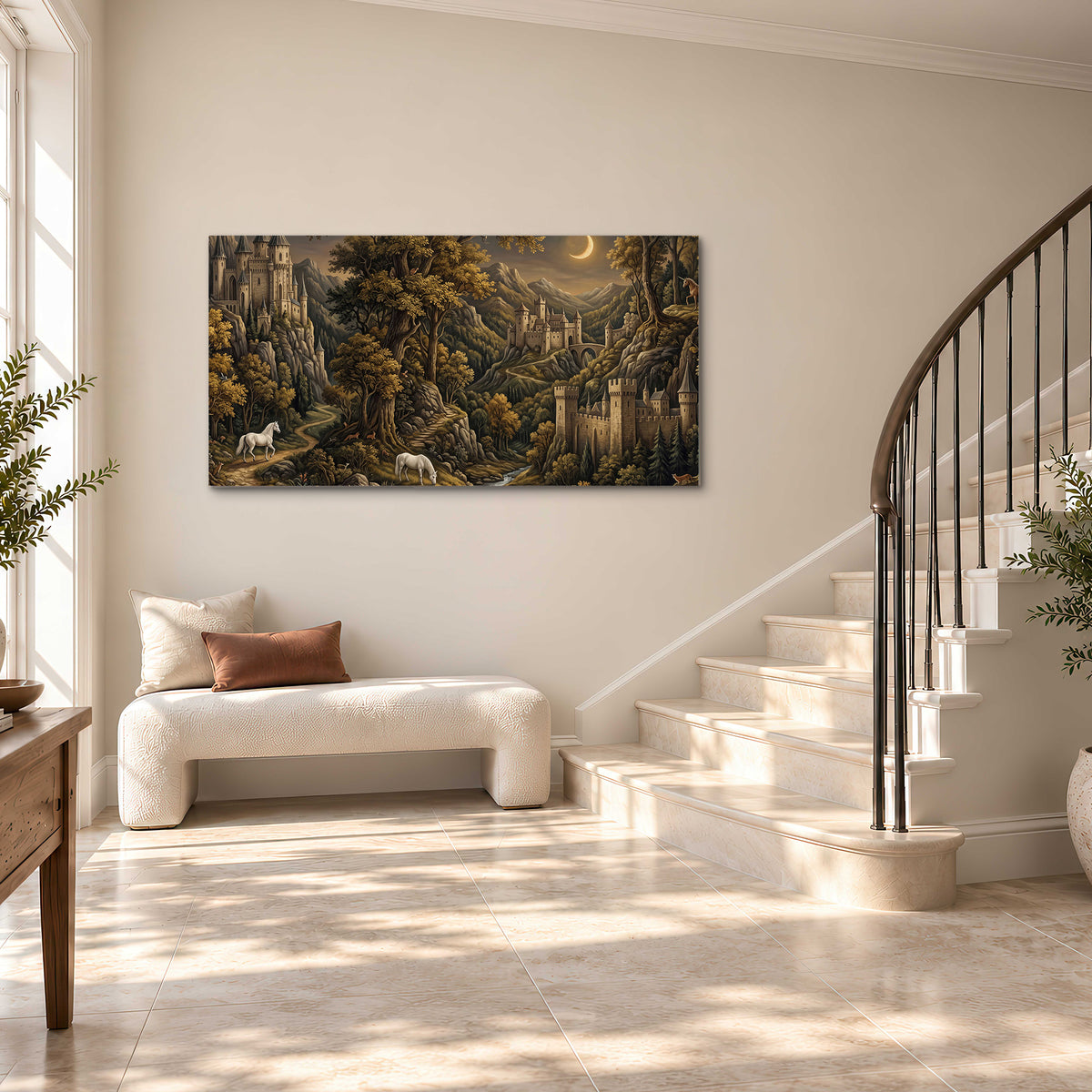 Fantasy castles, white horses and golden trees beneath a crescent moon single canvas wall art styled in an interior