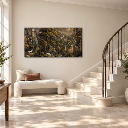 Fantasy castles, white horses and golden trees beneath a crescent moon single canvas wall art styled in an interior