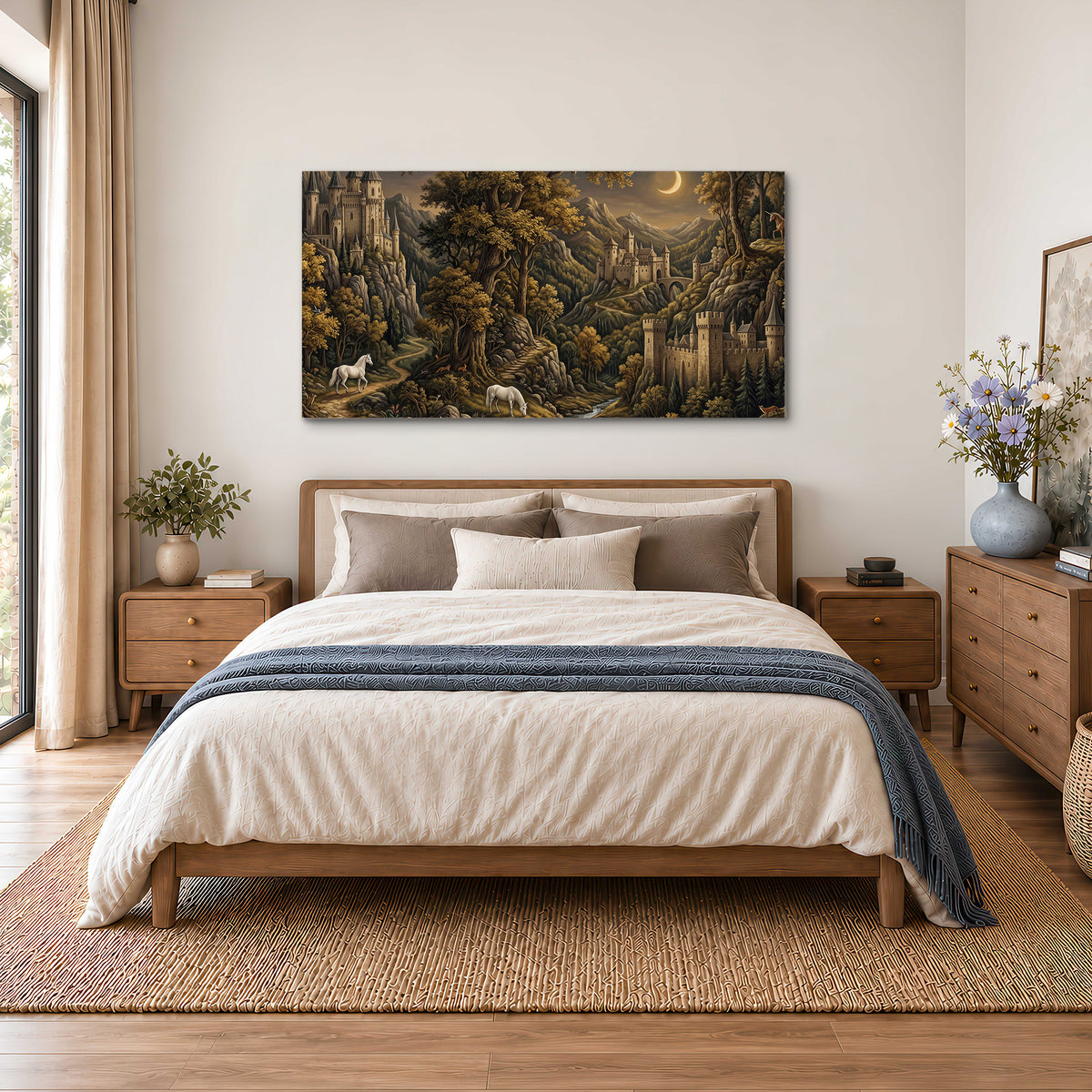Fantasy castles, white horses and golden trees beneath a crescent moon single canvas wall art styled in an interior