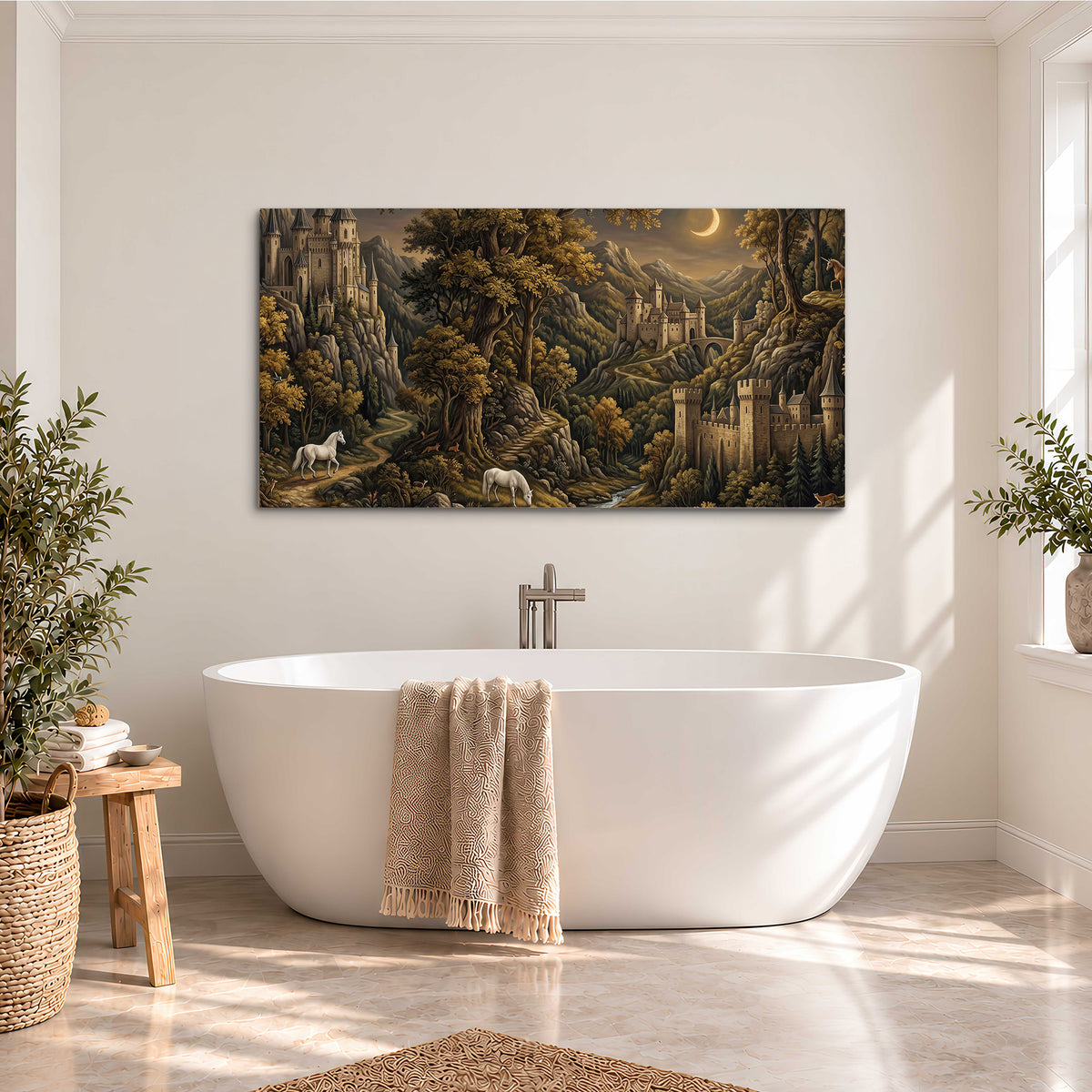 Fantasy castles, white horses and golden trees beneath a crescent moon single canvas wall art styled in an interior