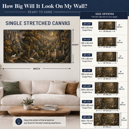 Fantasy castles, white horses and golden trees beneath a crescent moon single canvas wall art size guide above a sofa; room view is illustrative