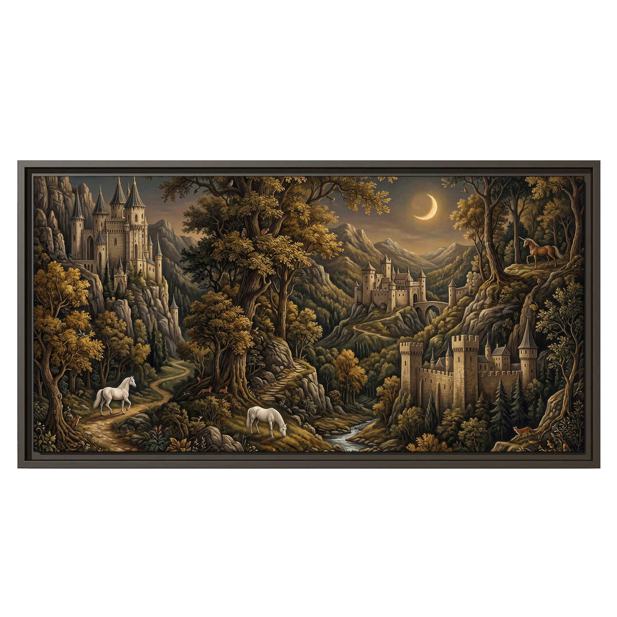 Fantasy castles, white horses and golden trees beneath a crescent moon single framed canvas wall art viewed straight on