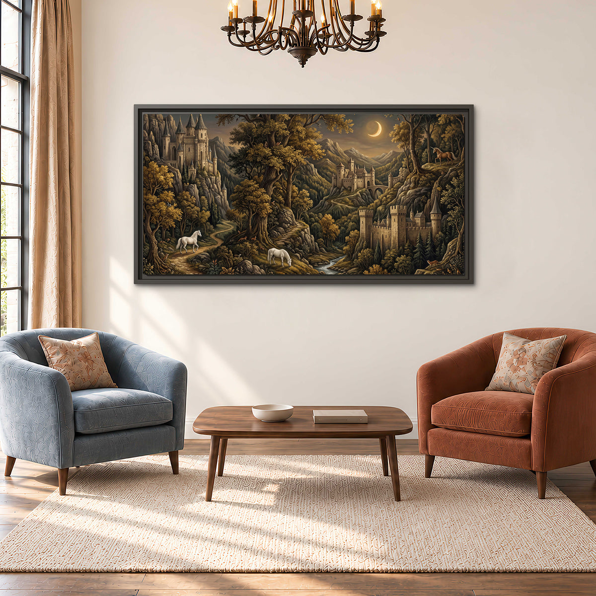 Fantasy castles, white horses and golden trees beneath a crescent moon single framed canvas wall art styled in an interior