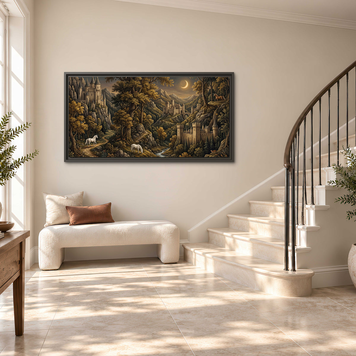 Fantasy castles, white horses and golden trees beneath a crescent moon single framed canvas wall art styled in an interior