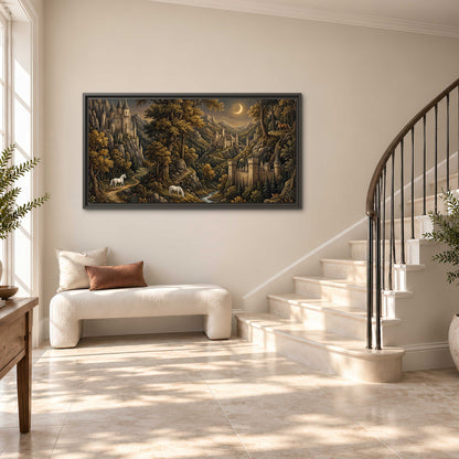 Fantasy castles, white horses and golden trees beneath a crescent moon single framed canvas wall art styled in an interior