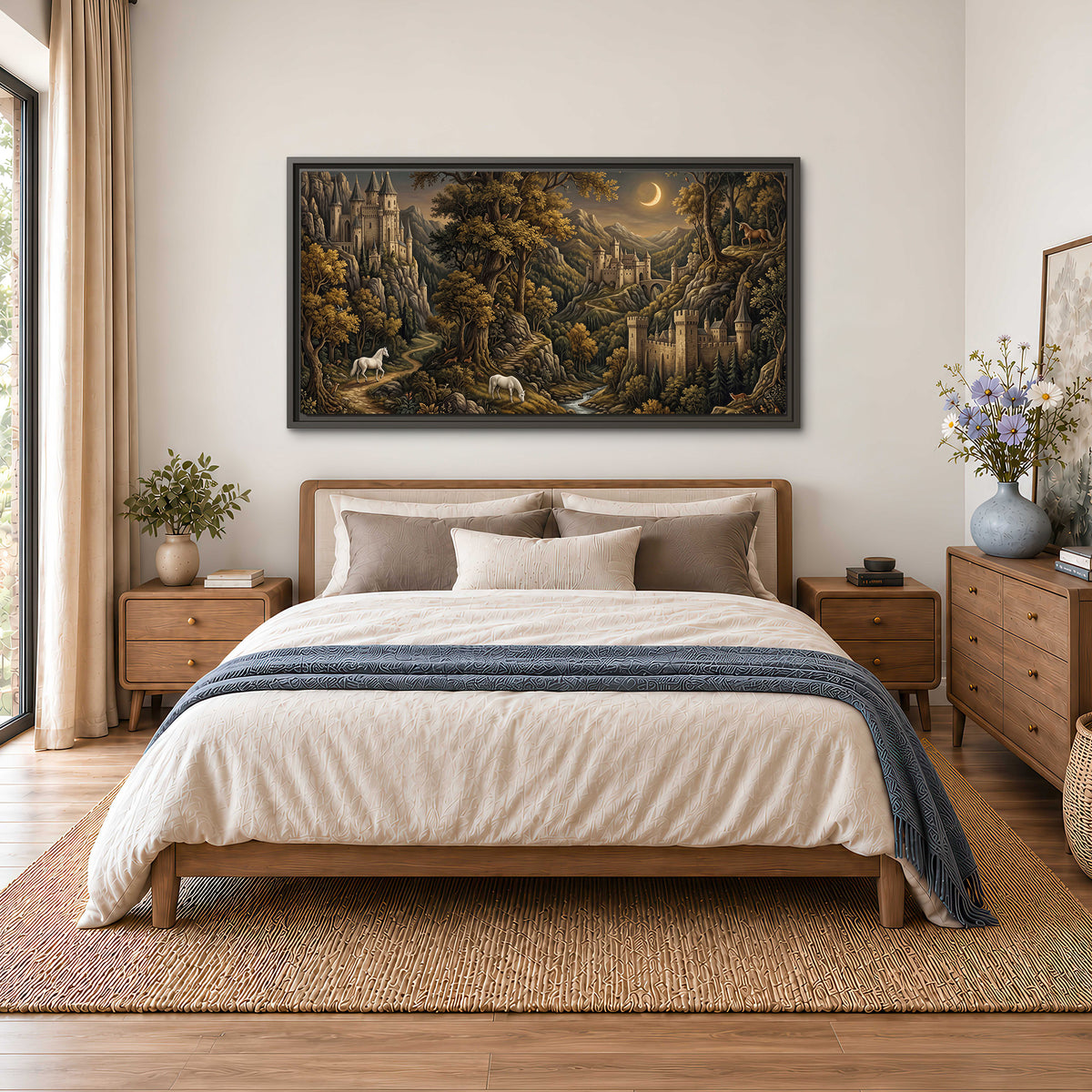 Fantasy castles, white horses and golden trees beneath a crescent moon single framed canvas wall art styled in an interior