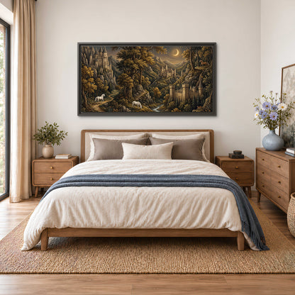 Fantasy castles, white horses and golden trees beneath a crescent moon single framed canvas wall art styled in an interior