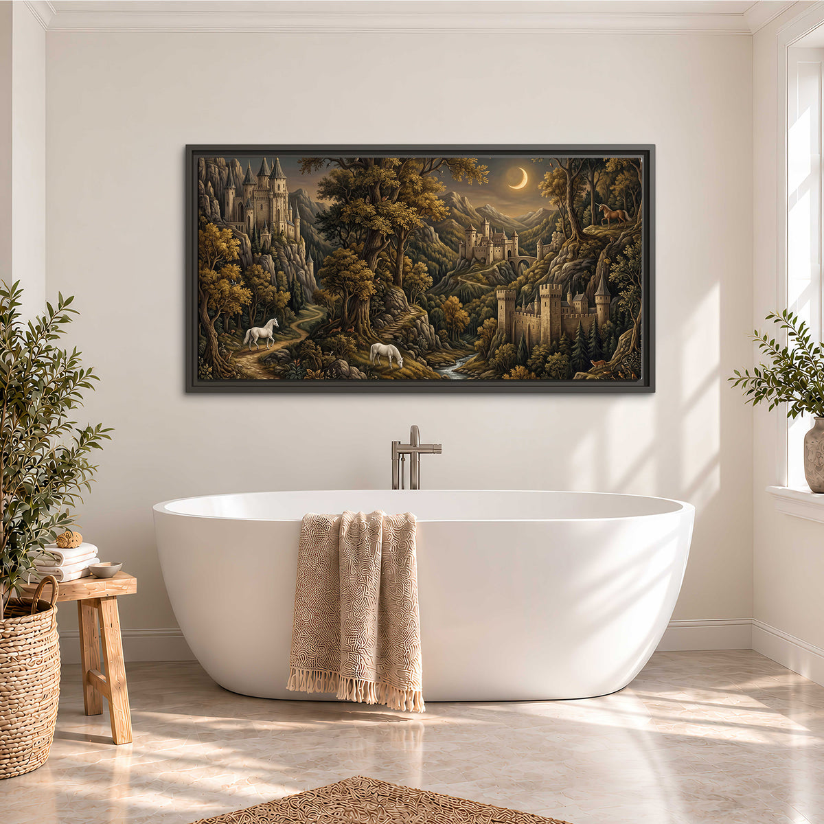 Fantasy castles, white horses and golden trees beneath a crescent moon single framed canvas wall art styled in an interior