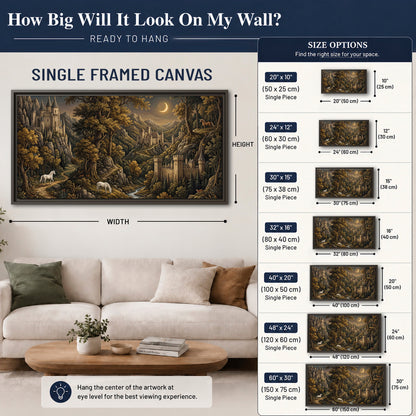 Fantasy castles, white horses and golden trees beneath a crescent moon single framed canvas wall art size guide above a sofa; room view is illustrative