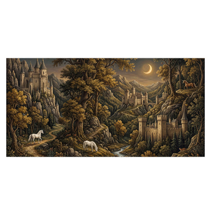 Fantasy castles, white horses and golden trees beneath a crescent moon single poster print viewed straight on