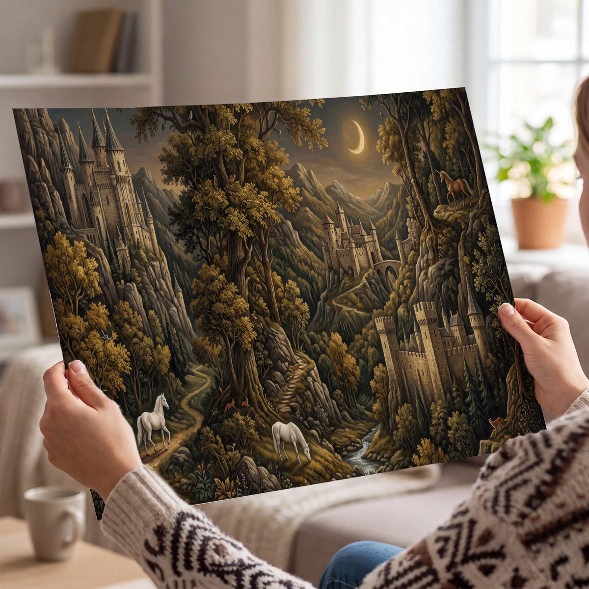 Fantasy castles, white horses and golden trees beneath a crescent moon single poster print held in hands