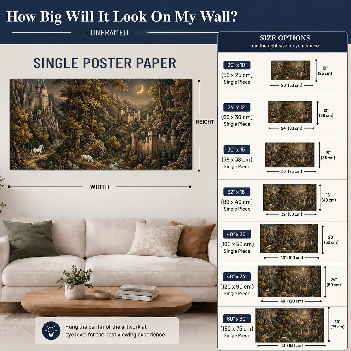 Fantasy castles, white horses and golden trees beneath a crescent moon single poster print size guide above a sofa; room view is illustrative
