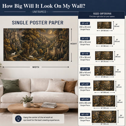 Fantasy castles, white horses and golden trees beneath a crescent moon single poster print size guide above a sofa; room view is illustrative