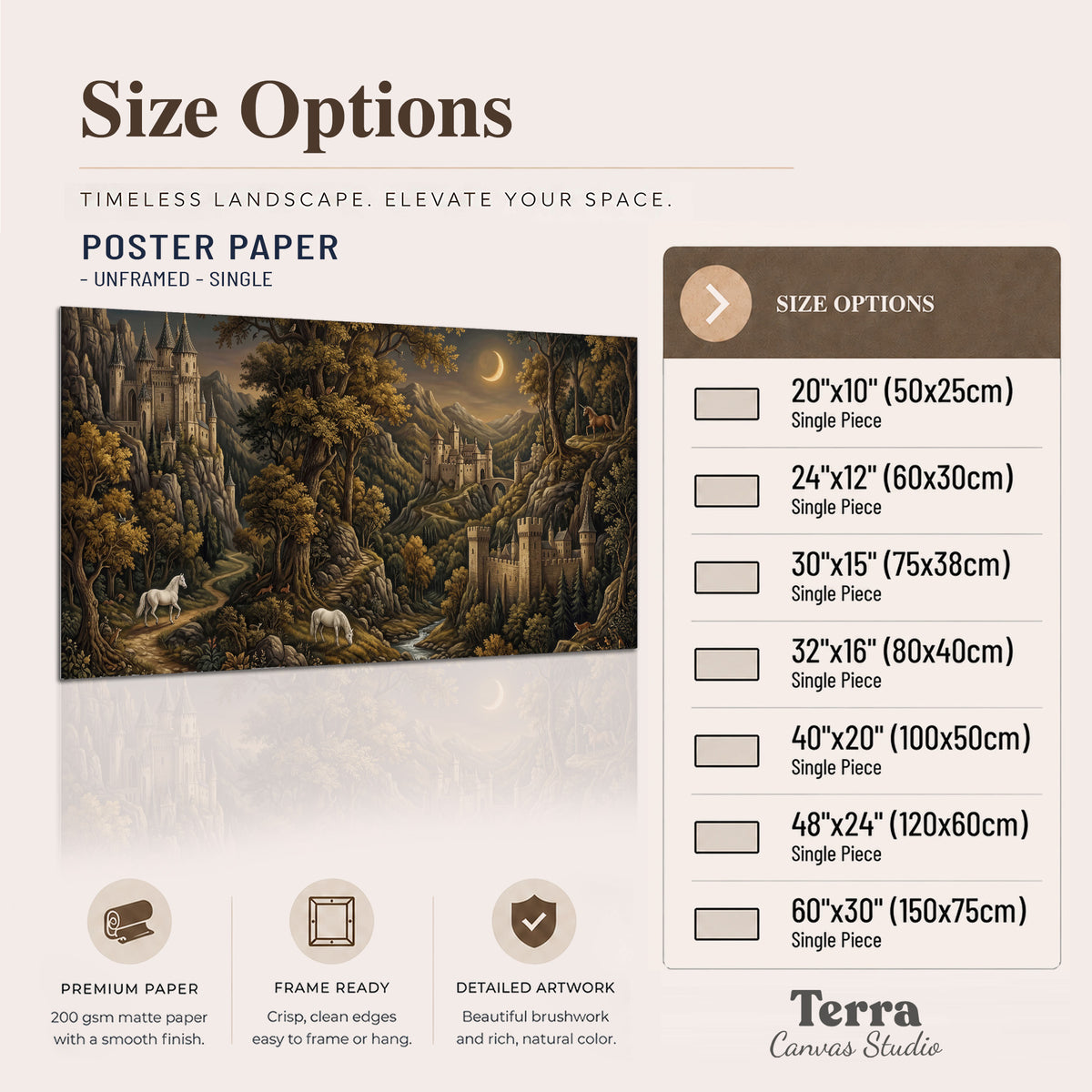 Fantasy castles, white horses and golden trees beneath a crescent moon single poster print available dimensions