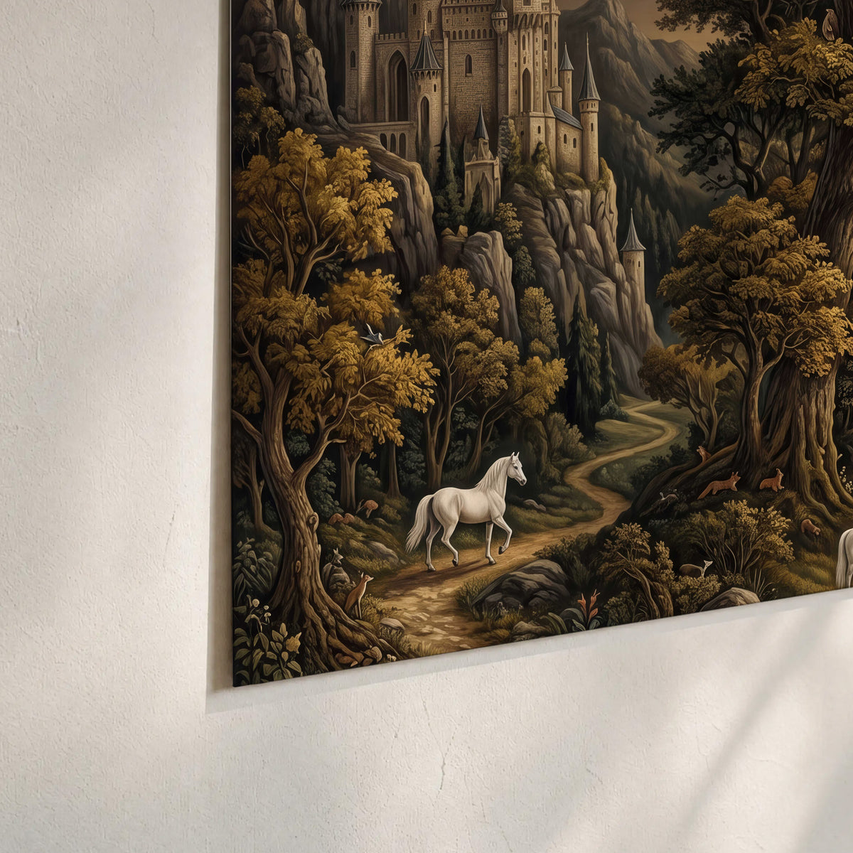 Fantasy castles, white horses and golden trees beneath a crescent moon set of 3 poster prints material and edge close up