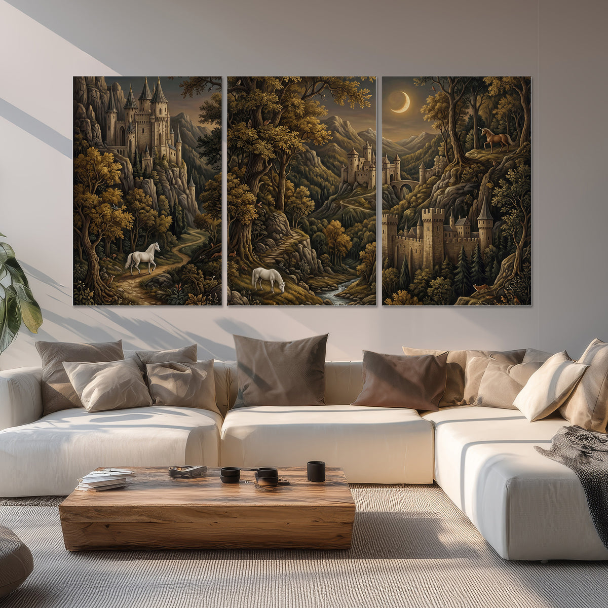 Fantasy castles, white horses and golden trees beneath a crescent moon set of 3 poster prints displayed in a living room
