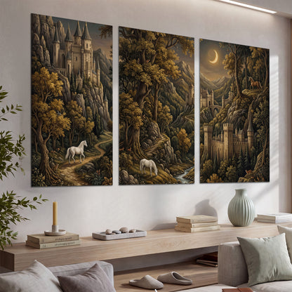 Fantasy castles, white horses and golden trees beneath a crescent moon set of 3 poster prints displayed in a console