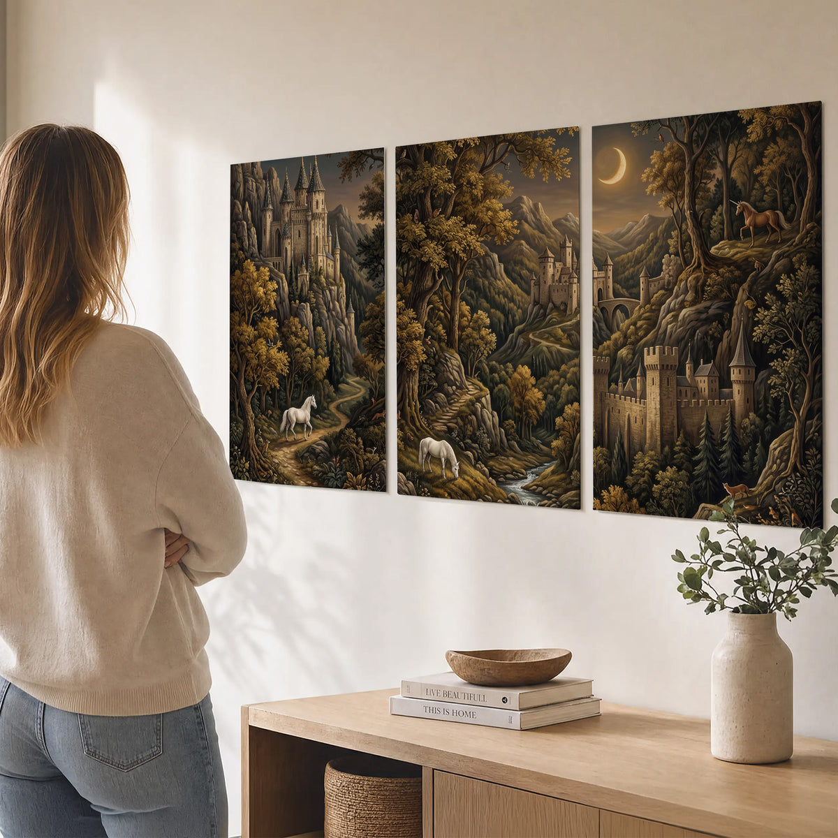 Fantasy castles, white horses and golden trees beneath a crescent moon set of 3 poster prints three panel arrangement on a wall