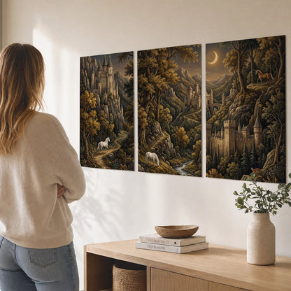 Fantasy castles, white horses and golden trees beneath a crescent moon set of 3 poster prints three panel arrangement on a wall