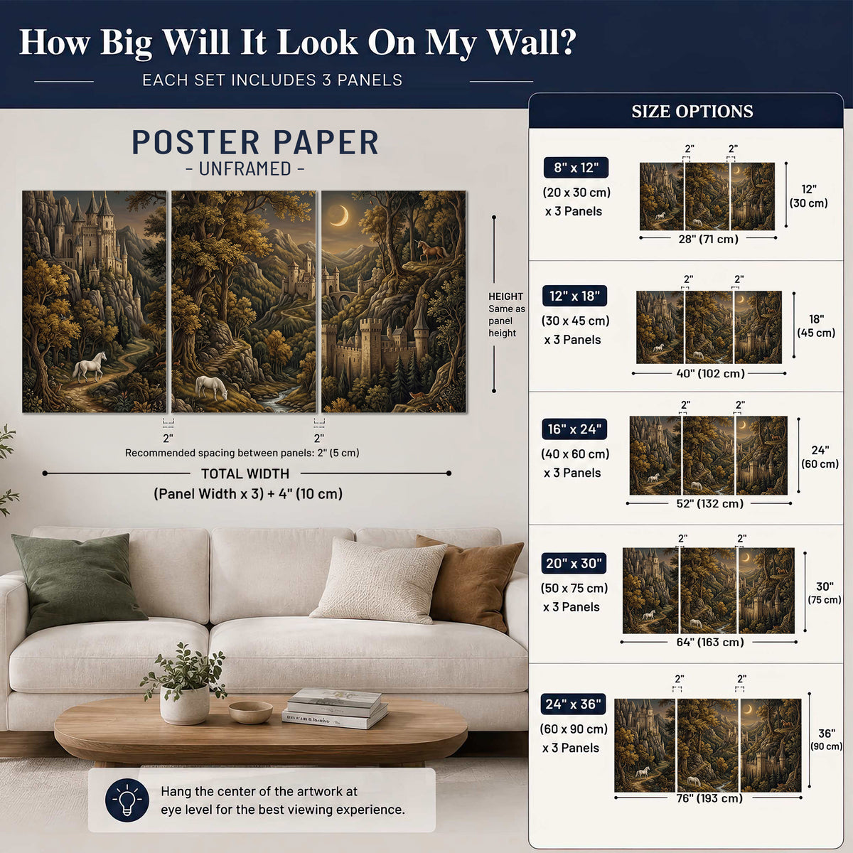 Fantasy castles, white horses and golden trees beneath a crescent moon set of 3 poster prints size guide above a sofa; room view is illustrative