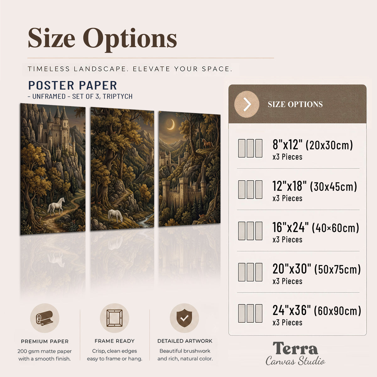 Fantasy castles, white horses and golden trees beneath a crescent moon set of 3 poster prints available dimensions; triptych dimensions are per panel