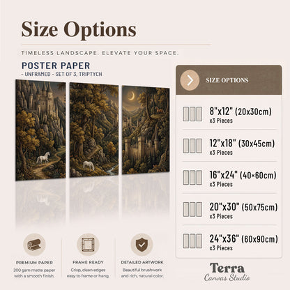 Fantasy castles, white horses and golden trees beneath a crescent moon set of 3 poster prints available dimensions; triptych dimensions are per panel
