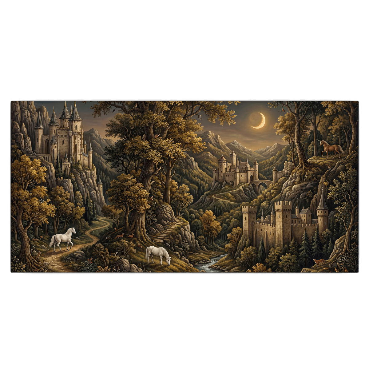 Fantasy castles, white horses and golden trees beneath a crescent moon single canvas wall art viewed straight on