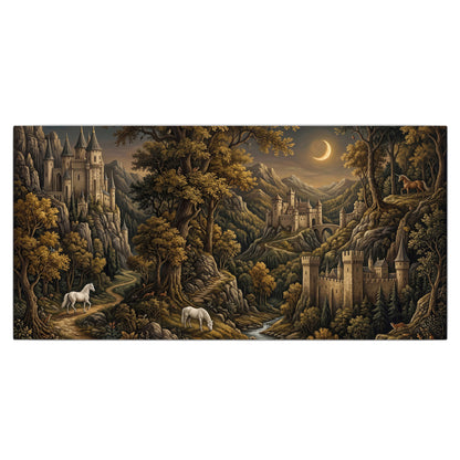 Fantasy castles, white horses and golden trees beneath a crescent moon single canvas wall art viewed straight on